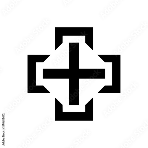 Bold geometric cross symbol suggesting health, wellness, balance, aid, and stability through a strong, symmetrical form with modern clarity.