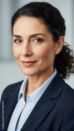 A confident, smiling brunette businesswoman in a professional black suit and shirt poses for a corporate portrait, radiating executive success as a beautiful worker in a modern office