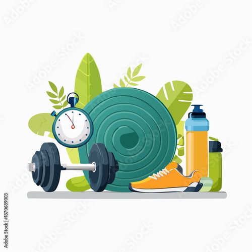 Modular vector fitness objects including dumbbell, yoga mat, treadmill, water bottle, stopwatch, sneakers, protein shake cup, flat minimal style, separated objects
