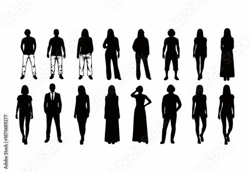 "Black and White Silhouette of  Diverse Standing Together in Traditional Robes – Minimalist Vector Art Icon Representing Unity, Cultural Diversity, and Feminine Strength"