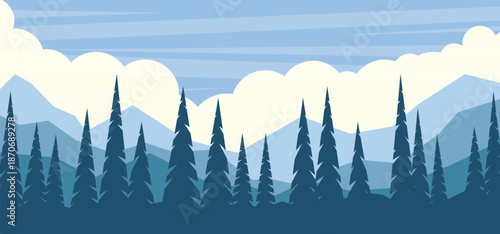 Flat vector illustration of blue majestic mountain peaks under a clear sky with soft clouds. Dark teal silhouettes of pine forests lead into a wide scenic valley.