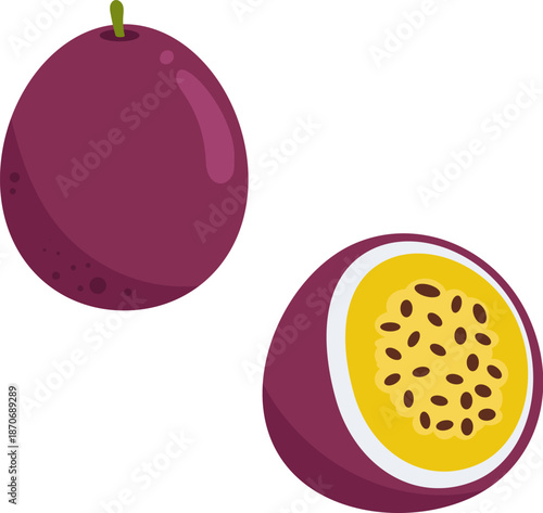 Flat vector illustration of a whole purple passion fruit and a half-cut section showing yellow pulp and black seeds. Minimalist fruit design on a white background.