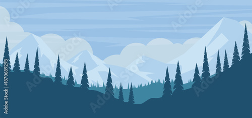 Flat vector illustration of blue majestic mountain peaks under a clear sky with soft clouds. Dark teal silhouettes of pine forests lead into a wide scenic valley.