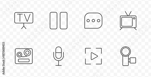 Broadcast media set icon. Minimal icons show TV screens, pause button, speech bubble, microphone, video recorder, reel, and play controls in media and communication context.