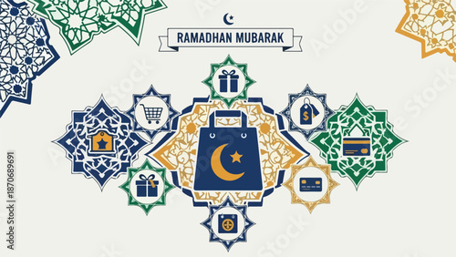 Ramadhan Mubarak shopping bag with crescent moon and star surrounded by Islamic patterns and icons.