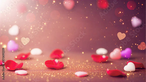 Romantic Valentine Background with Floating Hearts, Glitter Bokeh, and Soft Pink Light for Love Banner, Greeting Card, Wedding Design, Social Media Post, and Holiday Promotion with Copy Space