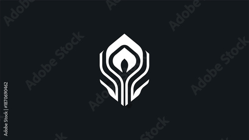 Abstract white logo design featuring a stylized plant symbol on dark background.
