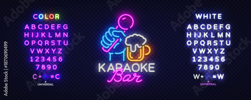 Karaoke bar illustration with neon glass, microphone and glowing typeface options.
