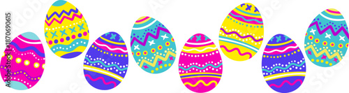 neon easter egg border with colorful patterned eggs in vibrant pink blue and yellow isolated on white background banner