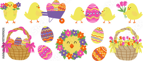 easter baby chicken vector set cute yellow chicks painted eggs and spring tulip flowers isolated for holiday design greeting cards stickers