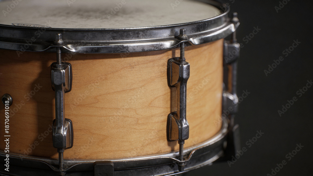 Fototapeta premium Closeup of wooden snare drum on dark background 