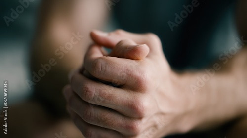 Hands are clasped together in a focused manner during a moment of reflection in a bright room