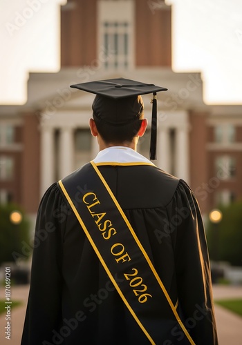 Young Graduate from the Class of 2026 Standing on University Campus During Golden Hour Sunset