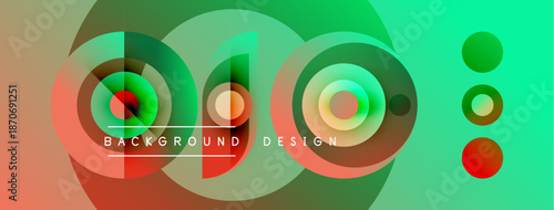 Abstract colorful design features overlapping circles, gradients. Text reads background and design. Vibrant hues create dynamic visual effect.