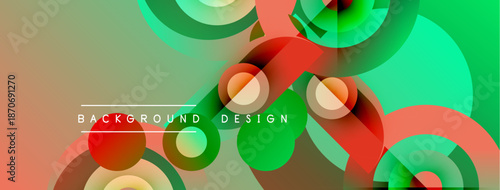 Abstract geometric shapes overlap. Green, red, turquoise hues blend into gradient background. Modern design elements present.