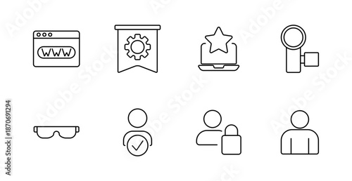 User system set icon. Browser, banner gear, laptop star, key, glasses, user check, lock profile, avatar showing interface, access, personalization, security, account.