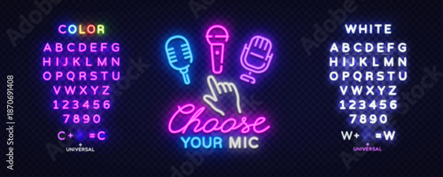 Vivid mic selection sign with glowing letters and symbols for design. Modern font options in both white and bright neon.
