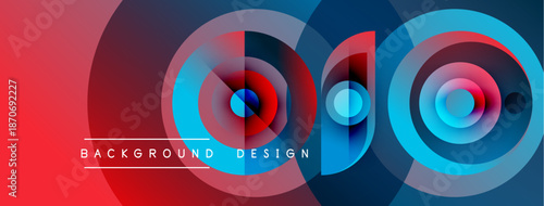 Abstract vibrant design features overlapping circles, gradients. Red, blue hues dominate composition. Modern aesthetic, dynamic visual impact.