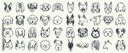 Hand-drawn dog head illustration set featuring a variety of dog breeds and expressions. Clean sketch style vector icons ideal for pet projects, branding, logos, packaging, websites, apps, posters, sti