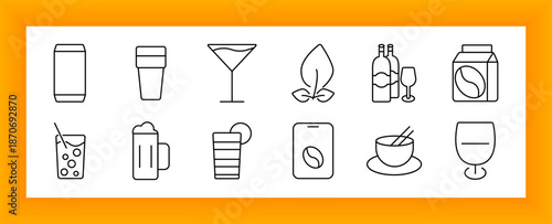 Beverage and drink set icon. Includes wine, juice, beer, coffee, tea, carton, bottle, mug, glass, straw, cup, cocktail, and related drinkware and liquid icons