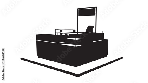 Retail Store Counter with Cash Register and Display in Modern Minimalist Design with Simple Black Silhouette for Marketing Materials