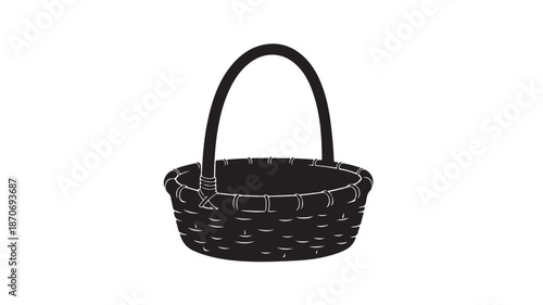 Black wicker basket with handle in simple illustration style on white background for packaging design