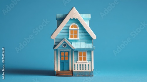 Wallpaper Mural A small blue wooden house model is centered on a bright blue background. The house features a door and windows with a simple design and bright colors. Torontodigital.ca