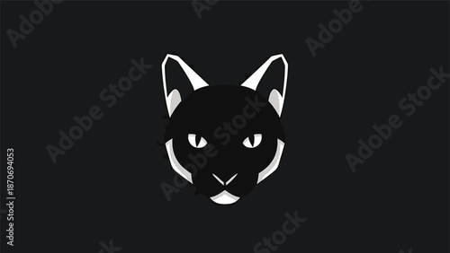 Minimalist black cat silhouette with white details against a dark background, simple design.