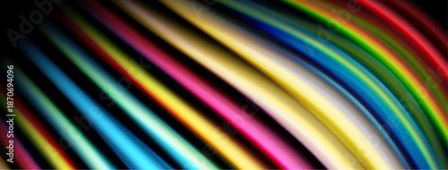 Abstract colorful lines curve, creating dynamic visual effect. Bright hues blend into darkness. Smooth gradients dominate composition.