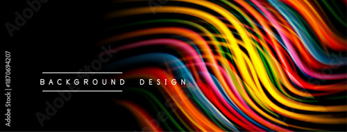 Vibrant colorful lines flow across black background. Modern design features dynamic curves, creating energetic visual impact.