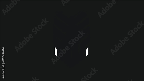 Two white shapes appear against a dark background, creating a minimalist visual.