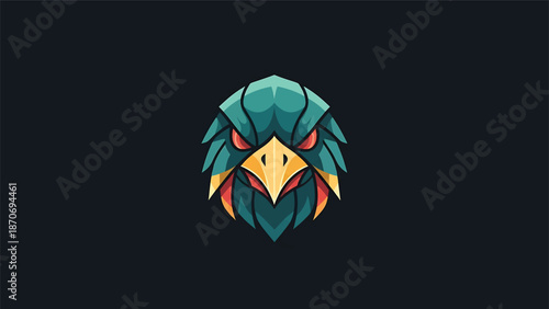 Intense eagle head illustration with sharp details and vibrant colors on dark background.