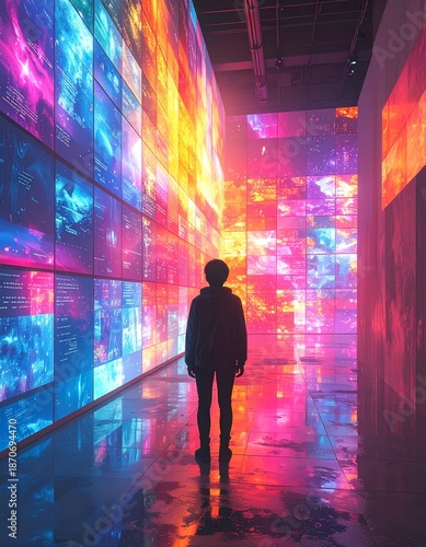 Modern poster with people exploring colorful digital screen installation. Concept of media technology, content creation, digital marketing, exhibition experience, and advertising presentation