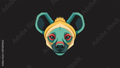 Artistic hyena portrait with vibrant colors and striking details against dark background.