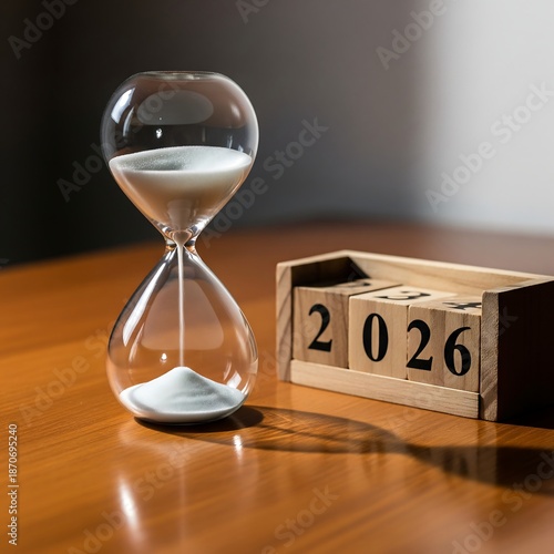 Classic Hourglass with Sand Flowing Next to Wooden 2026 Calendar Blocks on a Warm Desk