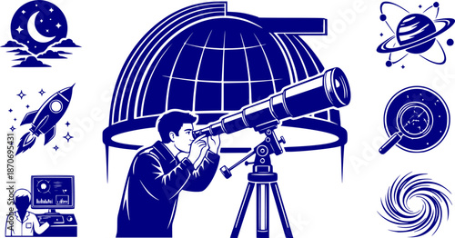Astronomer Telescope Silhouette Stargazing Observatory Astrophysicist Cosmos Night Sky Black Vector Isolated White Background Space Research Celestial Discovery