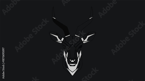 Geometric black and white illustration of a deer head with antlers, minimalist design.