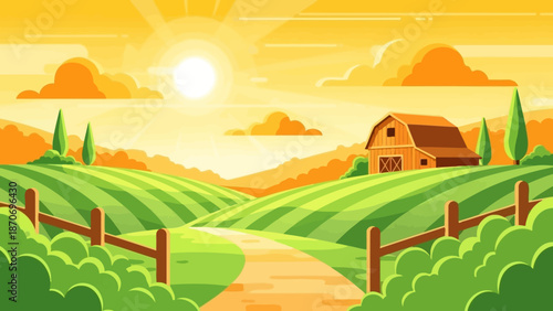 Idyllic countryside landscape with rolling green hills and barn at sunrise