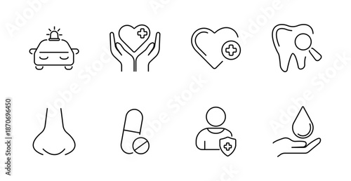 Healthcare and medical set icon. Ambulance car, caring hands, heart with cross, tooth, nose, pills, doctor figure, water droplet, wellness and hygiene