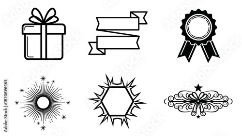 A versatile collection of outline icons featuring festive gifts, awards, and decorative flourishes