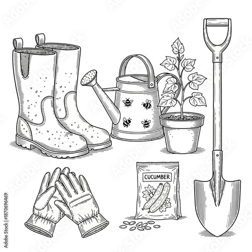 An illustrative collection of fundamental gardening accessories in black and white