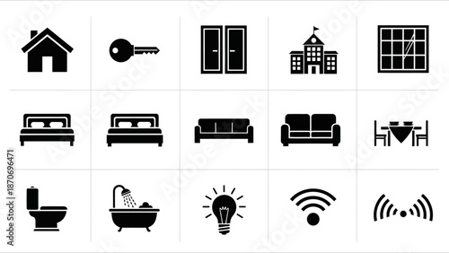 A versatile collection of minimalist black silhouette icons for home, furniture, and smart living