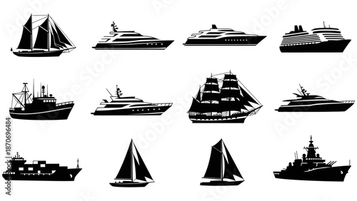 Diverse collection of watercraft silhouettes, showcasing various ships and boats