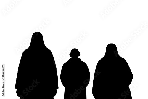"Black and White Silhouette of  Diverse Standing Together in Traditional Robes – Minimalist Vector Art Icon Representing Unity, Cultural Diversity, and Feminine Strength"
