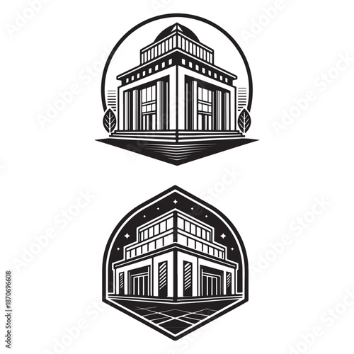 Set of 2 bold black and white geometric emblems featuring circular and arched badge designs with detailed architecture.
