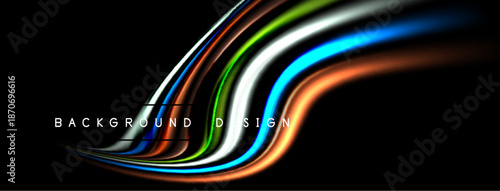 Abstract colorful streaks flow across black background. Dynamic design evokes movement, energy, modern aesthetic. Bright hues contrast darkness.