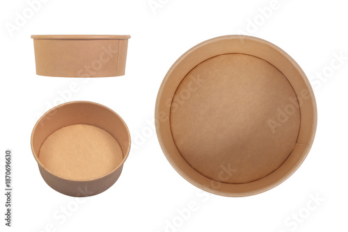 Set of round brown cardboard food container isolated on white background. Top view, side view, angle view