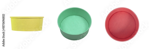Colorful of round cardboard food container isolated on white background. Top view, side view, angle view