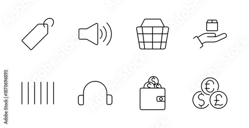 Retail and commerce set icon. Price tag, volume, basket, hand with package, barcode, headset, wallet, currency icons illustrated in linear style for market, shopping, and audio visuals.
