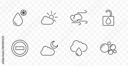 Weather condition set icon. Snowflake drop, sun cloud, wind, unlocked drop, minus, night cloud, rain cloud, bubbles drawn in outlined style with transparent background